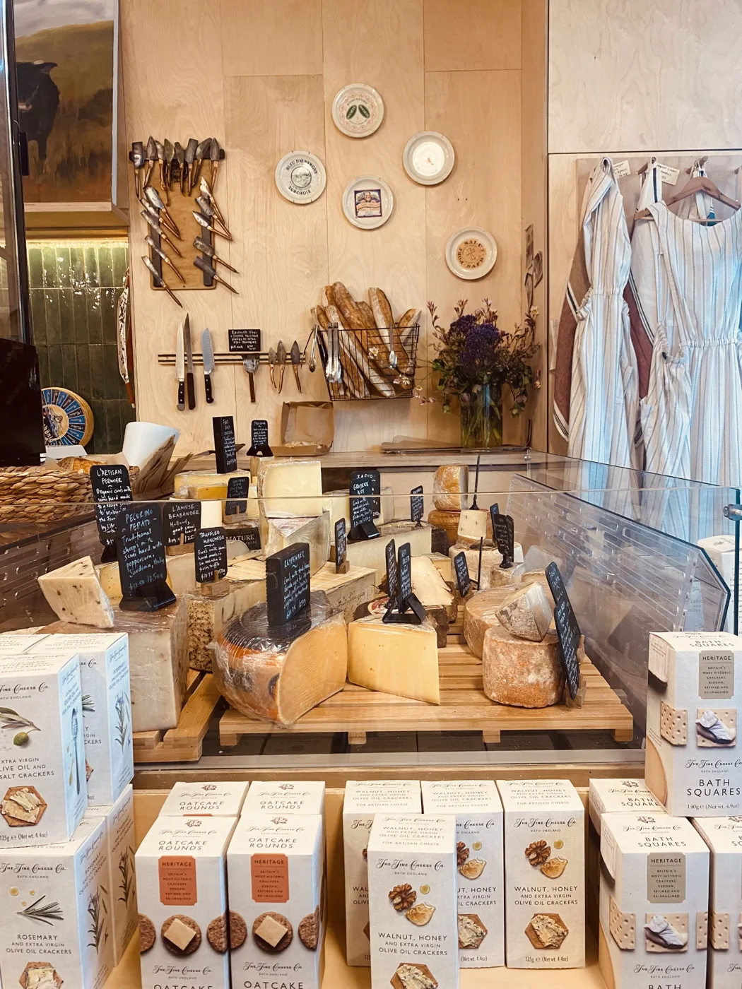 Artisan cheeses and crackers displayed at Cheesemonger Sophie