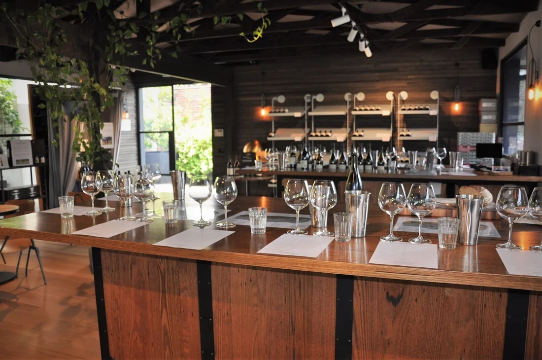 Giant Steps tasting room with wine glasses set along the timber tasting bench