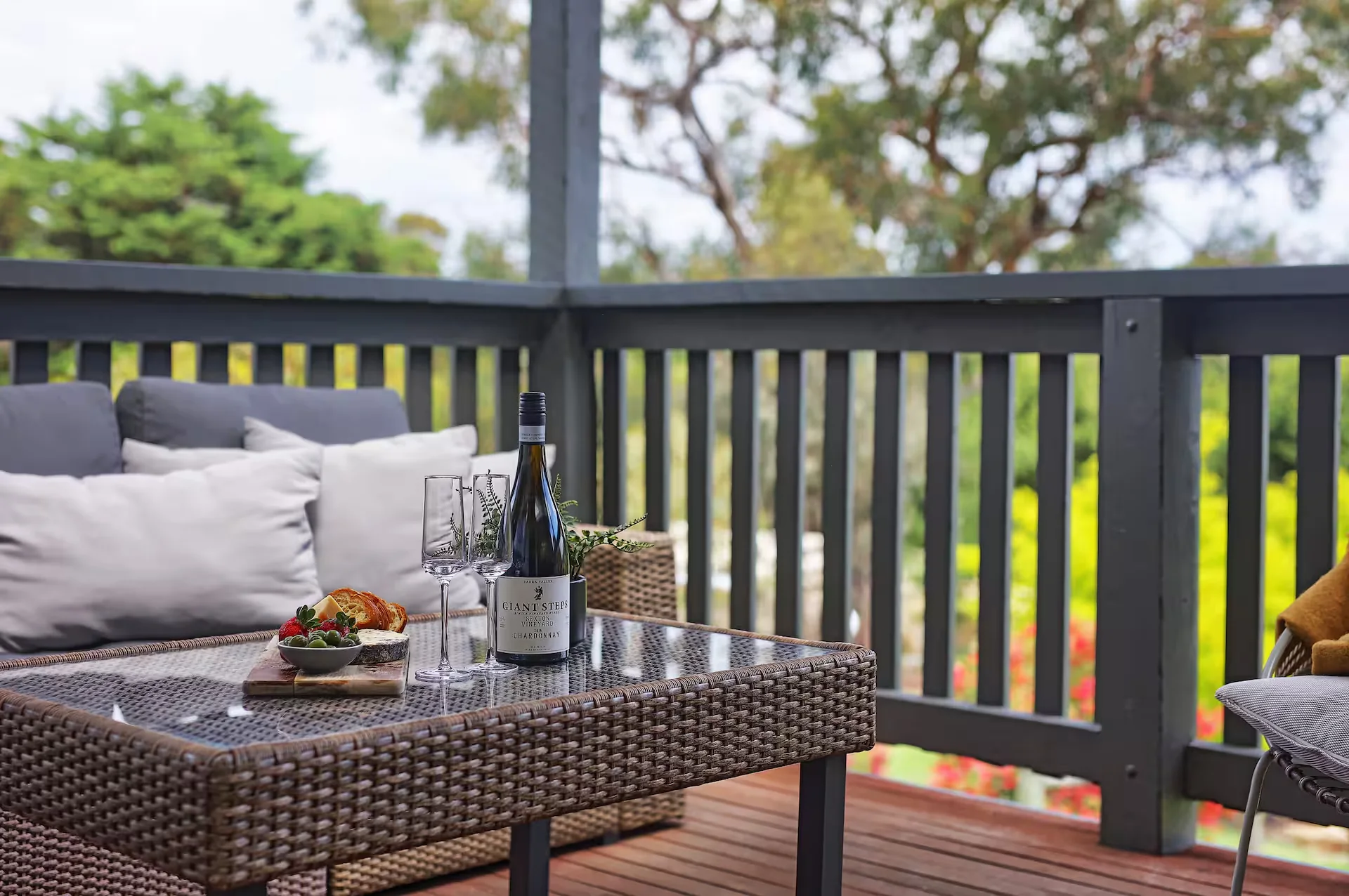 Local wine and a grazing board on Gracemont’s outdoor lounge table