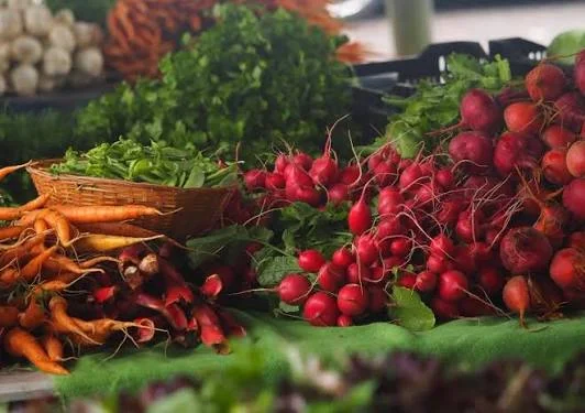 Fresh radishes, carrots and leafy greens at an organic produce market